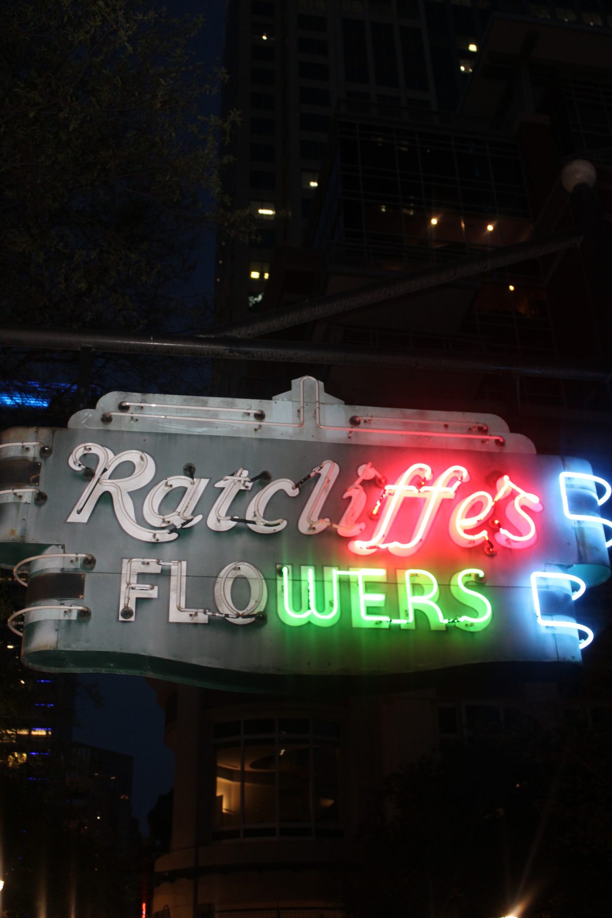 Ratcliffe Flowers neon sign in uptown Charlotte